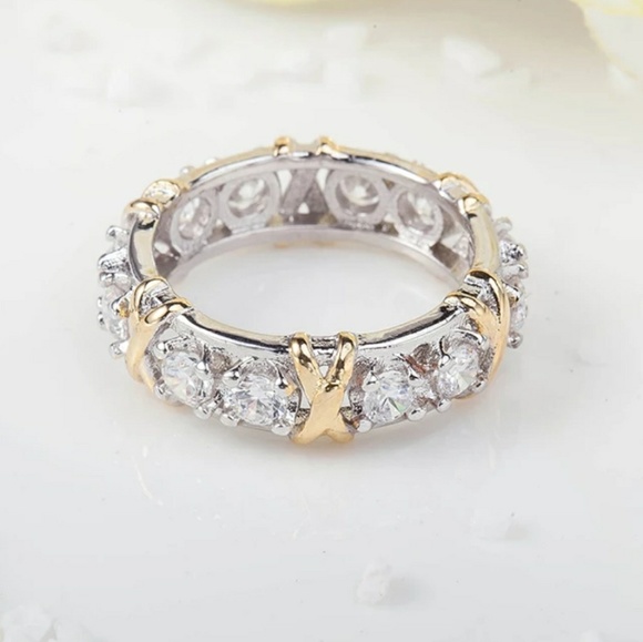 Two Tone X O Eternity Wedding Band Ring - Picture 2 of 8